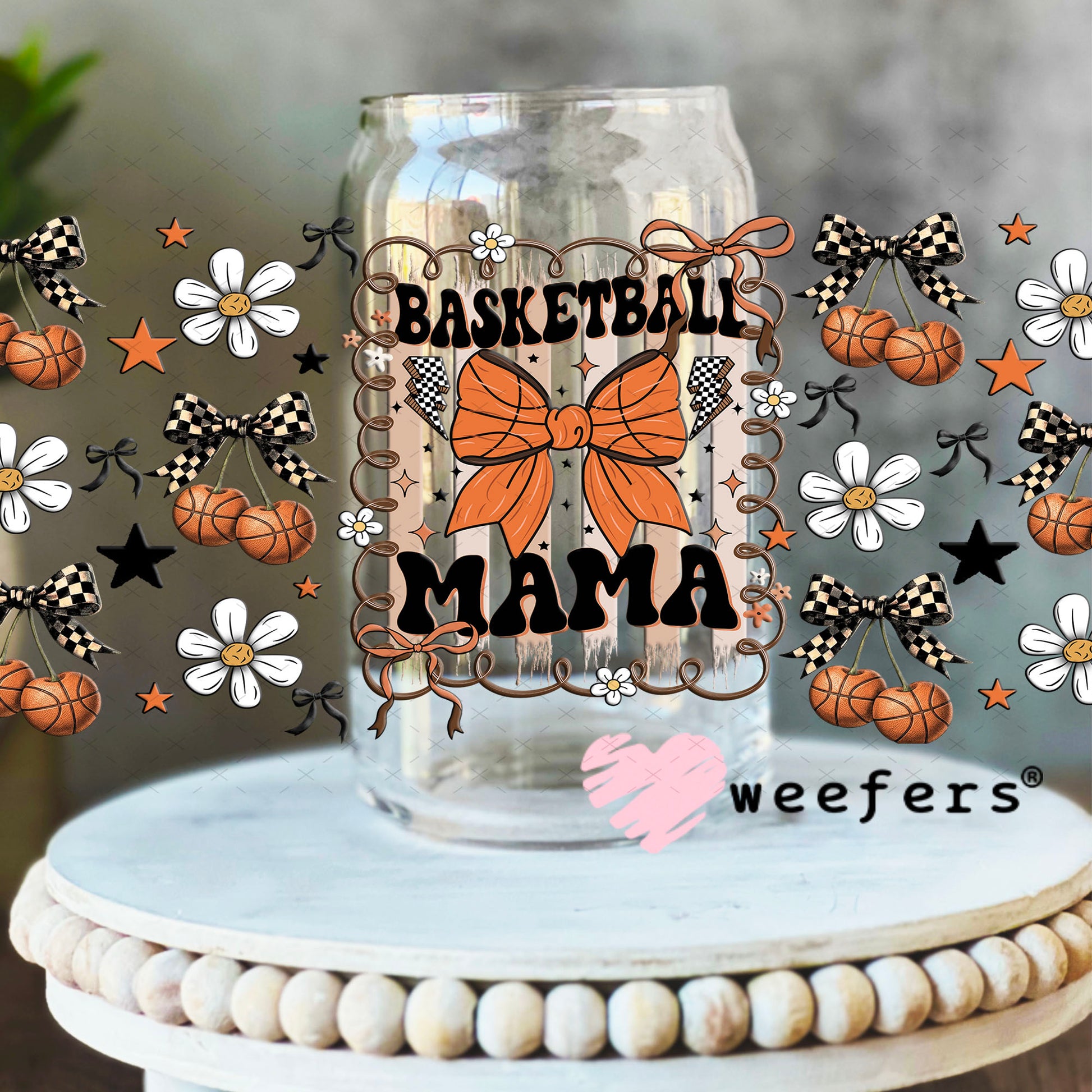 UV DTF Cup Wrap – Basketball Mama Cherry - Weefers Exclusive 16oz Libbey Glass Original Size Cup Wrap Weefers