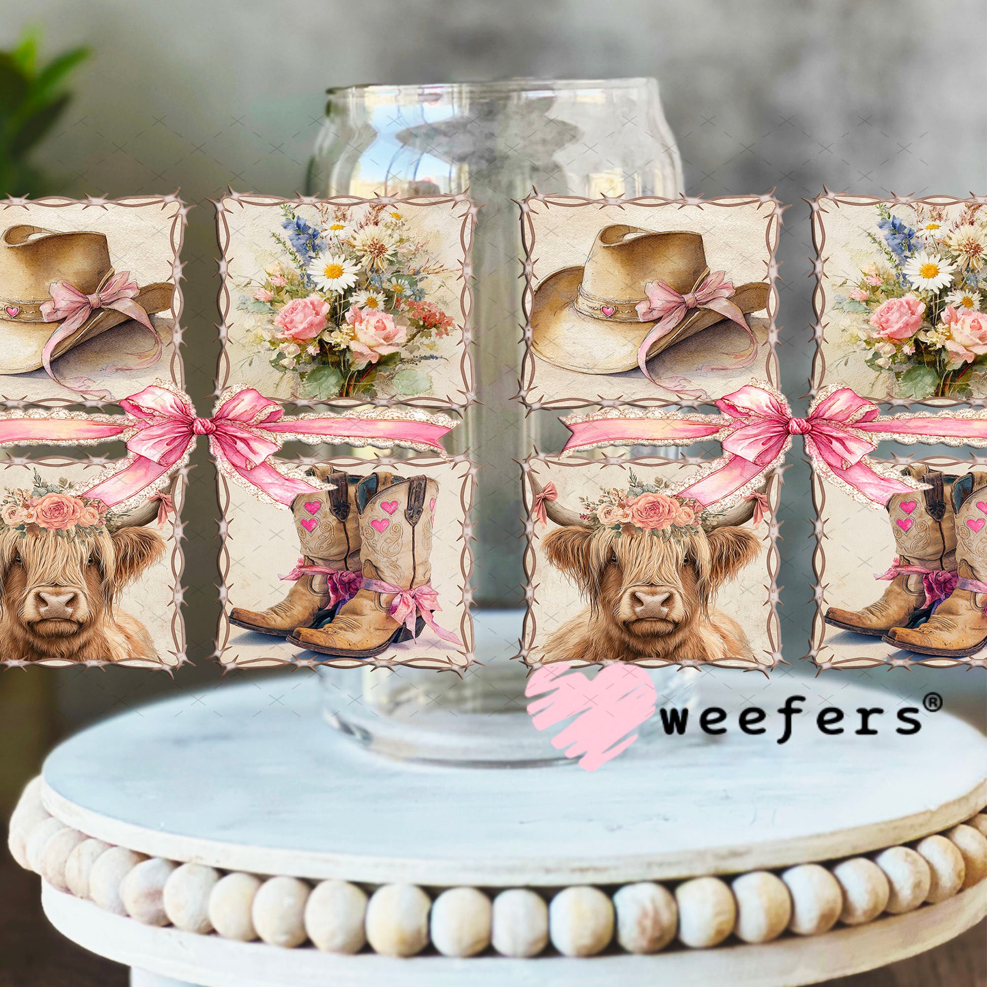 UV DTF Cup Wrap – Western Blocks Bows and Boots 16oz Libbey Glass Original Size Cup Wrap Weefers