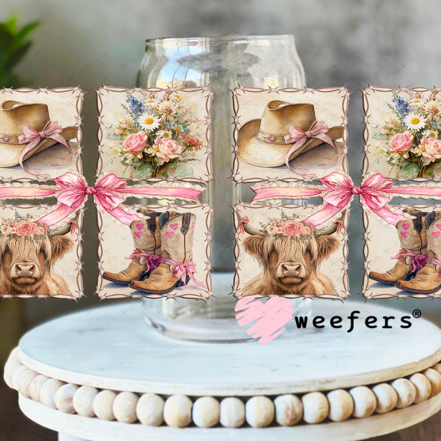 UV DTF Cup Wrap – Western Brown and Pink Bows and Cows 16oz Libbey Glass Original Size Cup Wrap Weefers
