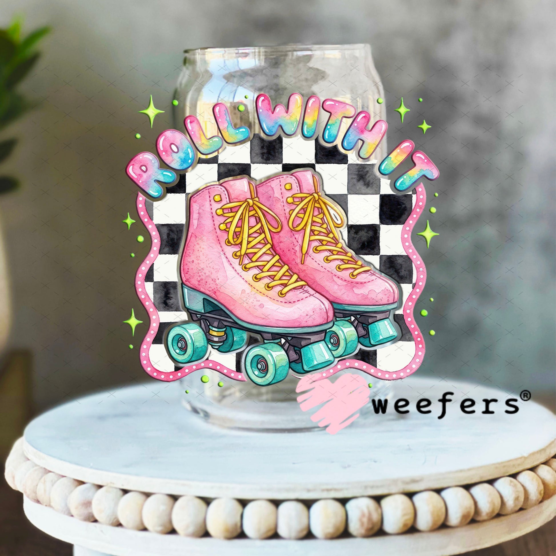 UV DTF Decal - Roll With It Pink and Teal 16oz Libbey Glass Original Size Weefers
