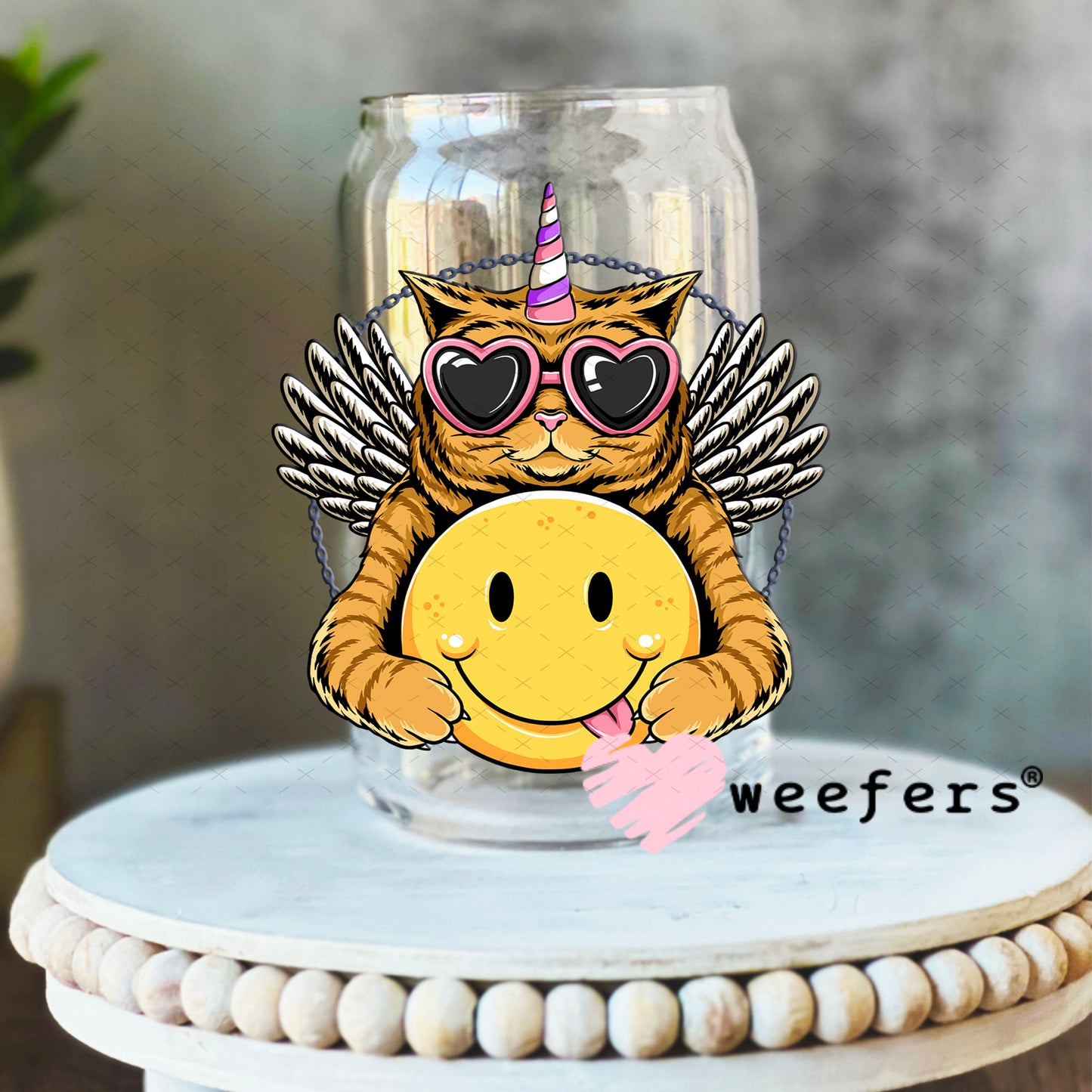 UV DTF Decal - Cat Hugging Smiley Face 16oz Libbey Glass Original Size Weefers