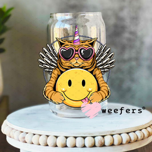 UV DTF Decal - Cat Hugging Smiley Face 16oz Libbey Glass Original Size Weefers