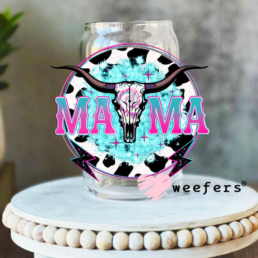 UV DTF Decal - Mama Cow Skull Teal and Pink 16oz Libbey Glass Original Size Weefers