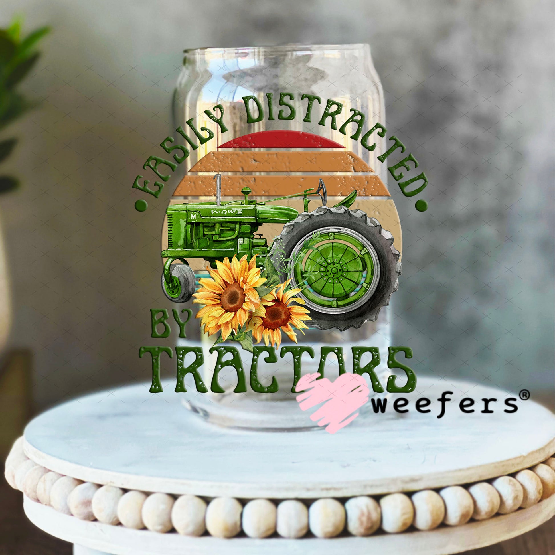 UV DTF Decal - Easily Distracted by Tractors 16oz Libbey Glass Original Size Weefers
