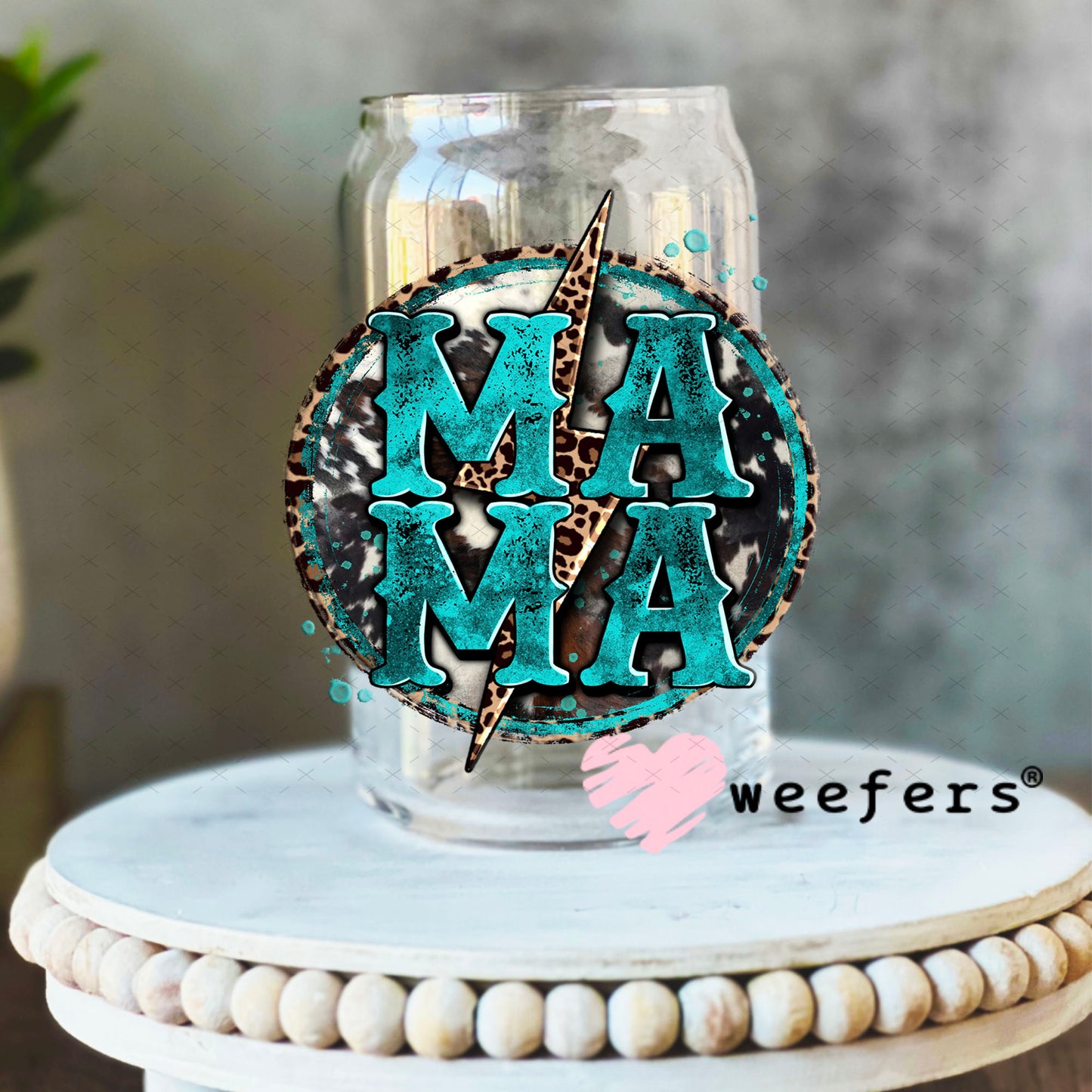 UV DTF Decal - Mama Stacked Teal Western 16oz Libbey Glass Original Size Weefers