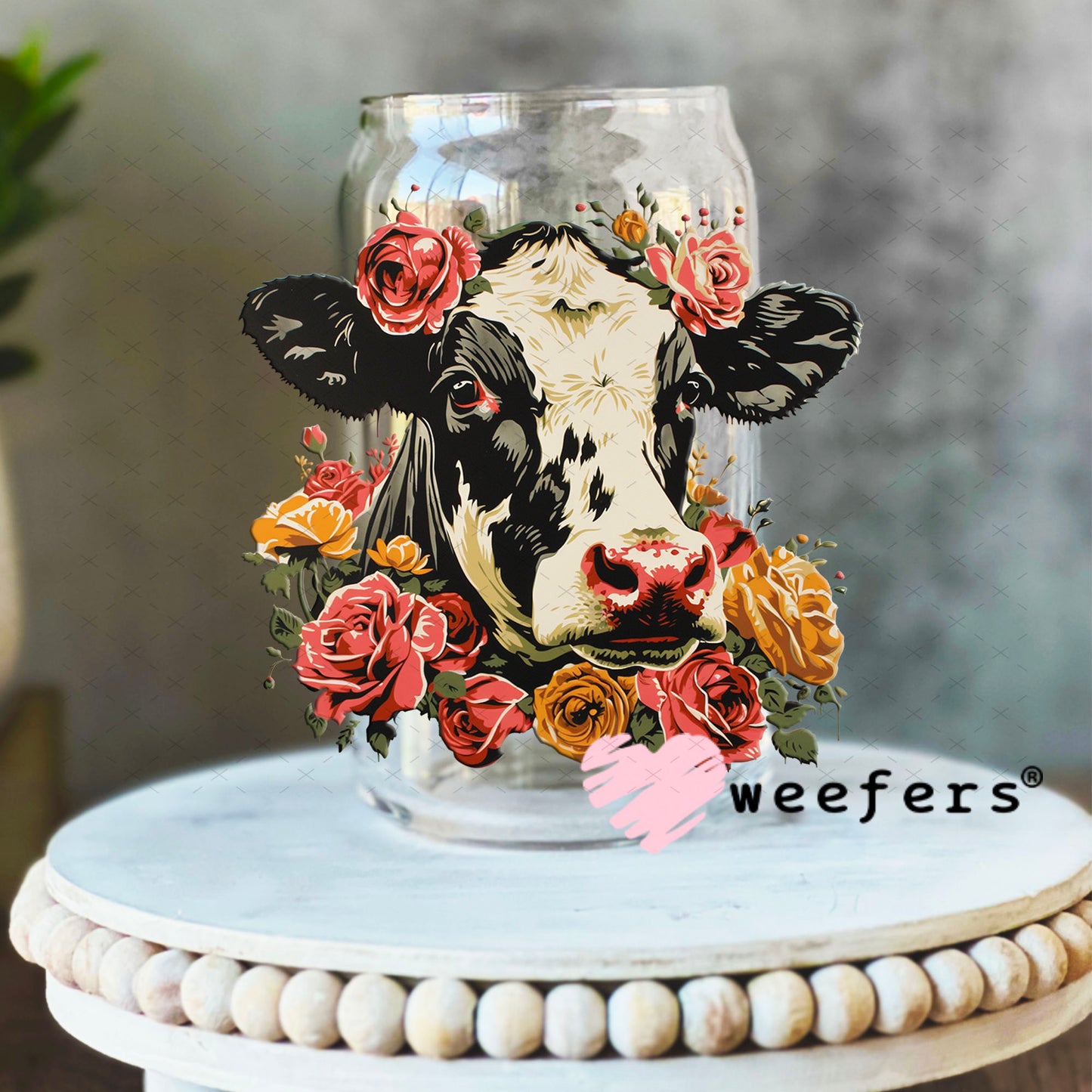 UV DTF Decal - Dairy Cow Florals 16oz Libbey Glass Original Size Weefers