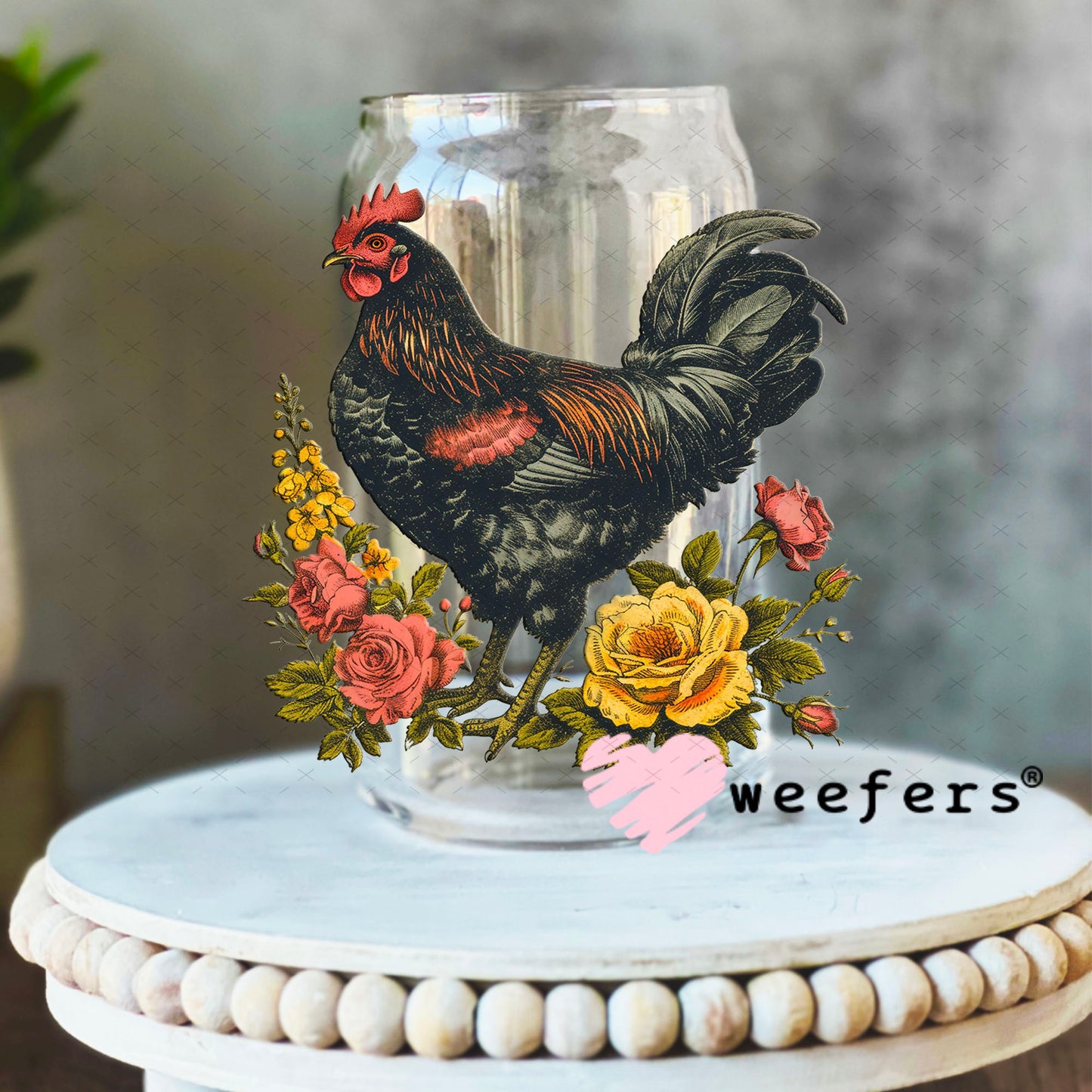 UV DTF Decal - Rooster Florals 16oz Libbey Glass Original Size Weefers