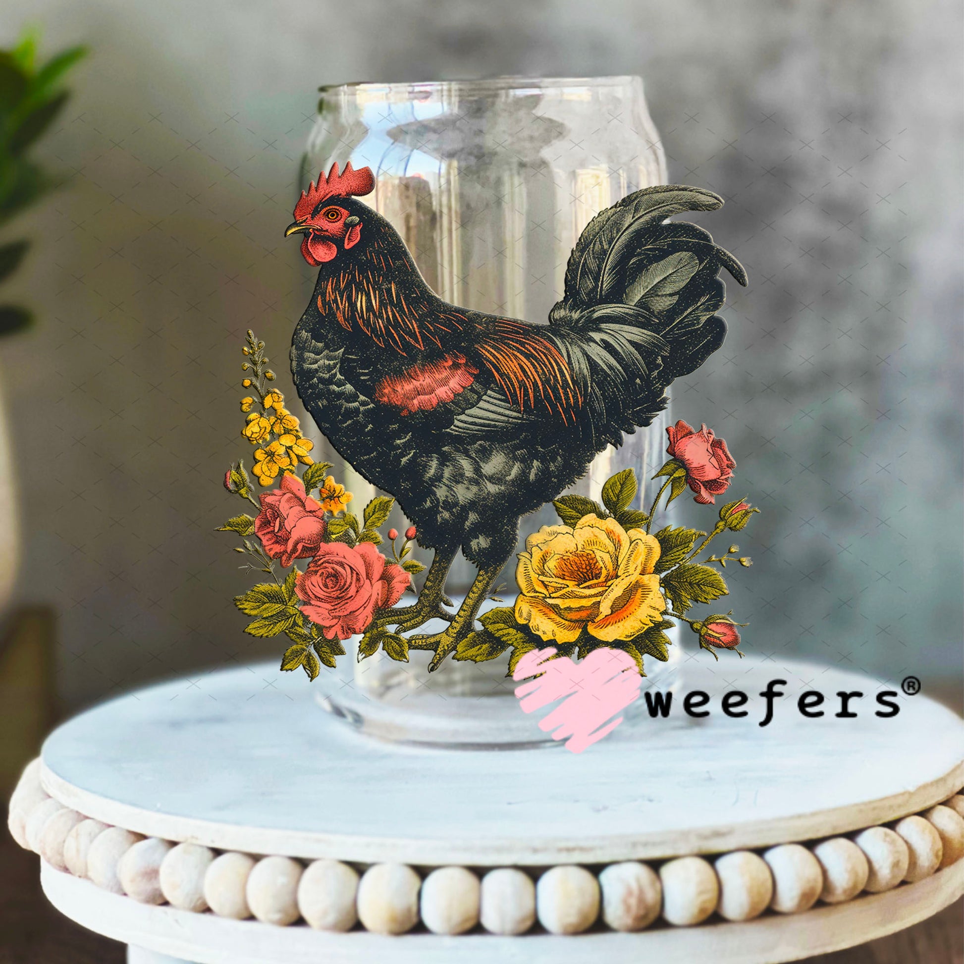 UV DTF Decal - Rooster Florals 16oz Libbey Glass Original Size Weefers
