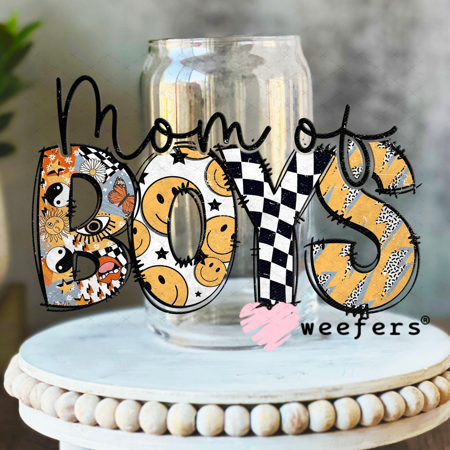 UV DTF Decal - Mom of Boys Checkered 16oz Libbey Glass Original Size Weefers