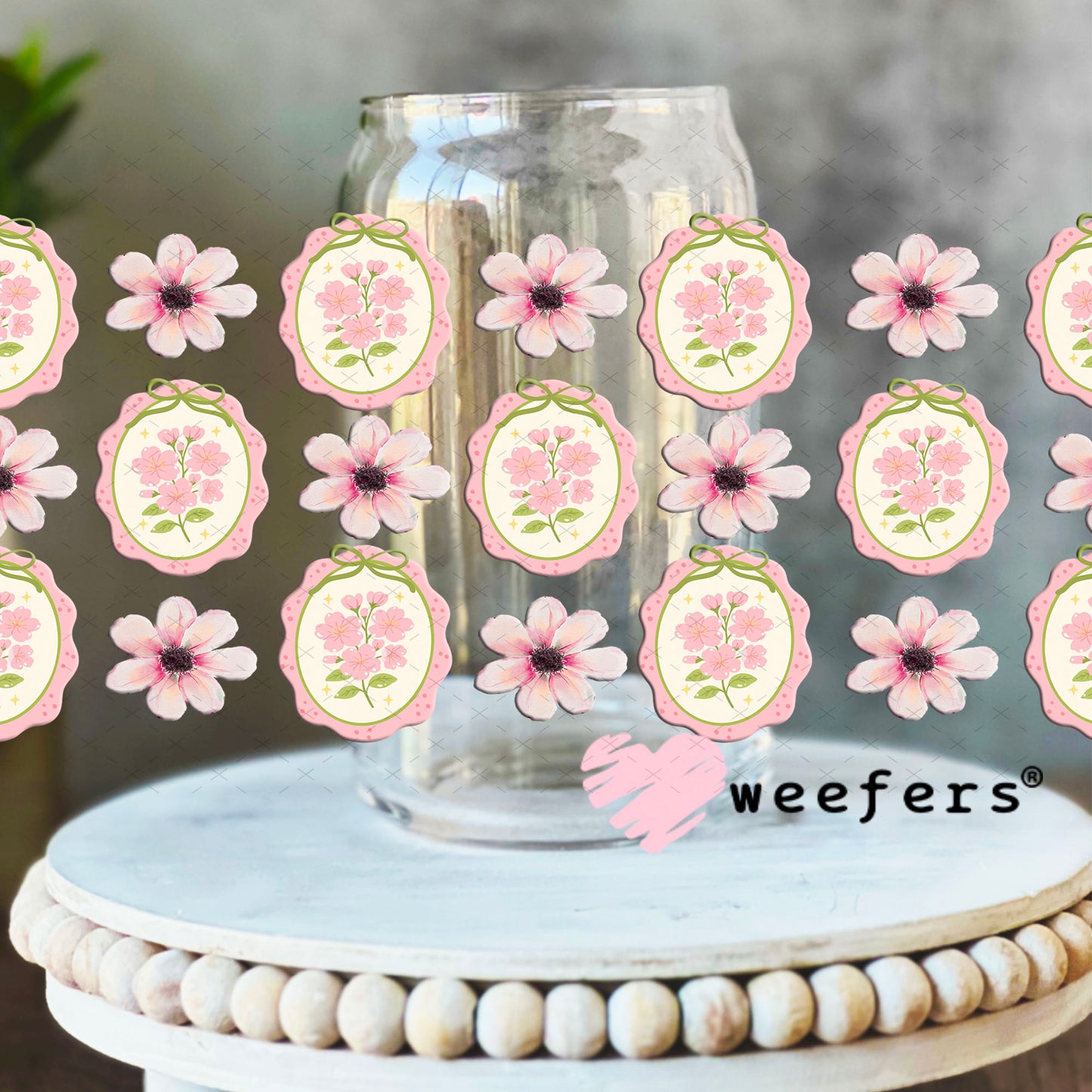 UV DTF Cup Wrap – Classic Elegance Pink Flowers 16oz Libbey Glass Original Size Weefers