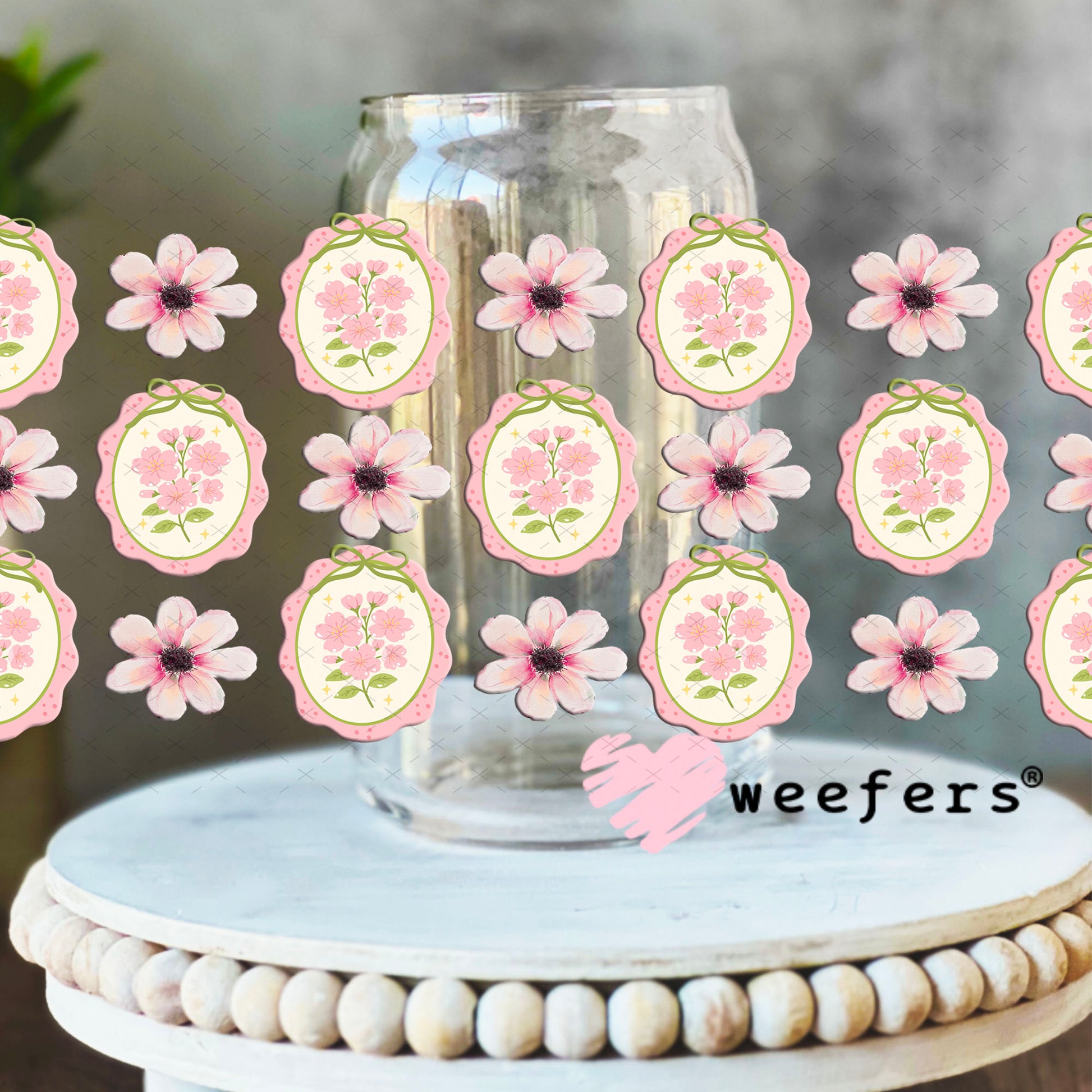UV DTF Cup Wrap – Classic Elegance Pink Flowers 16oz Libbey Glass Original Size Weefers