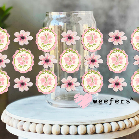 UV DTF Cup Wrap – Classic Elegance Pink Flowers 16oz Libbey Glass Original Size Weefers