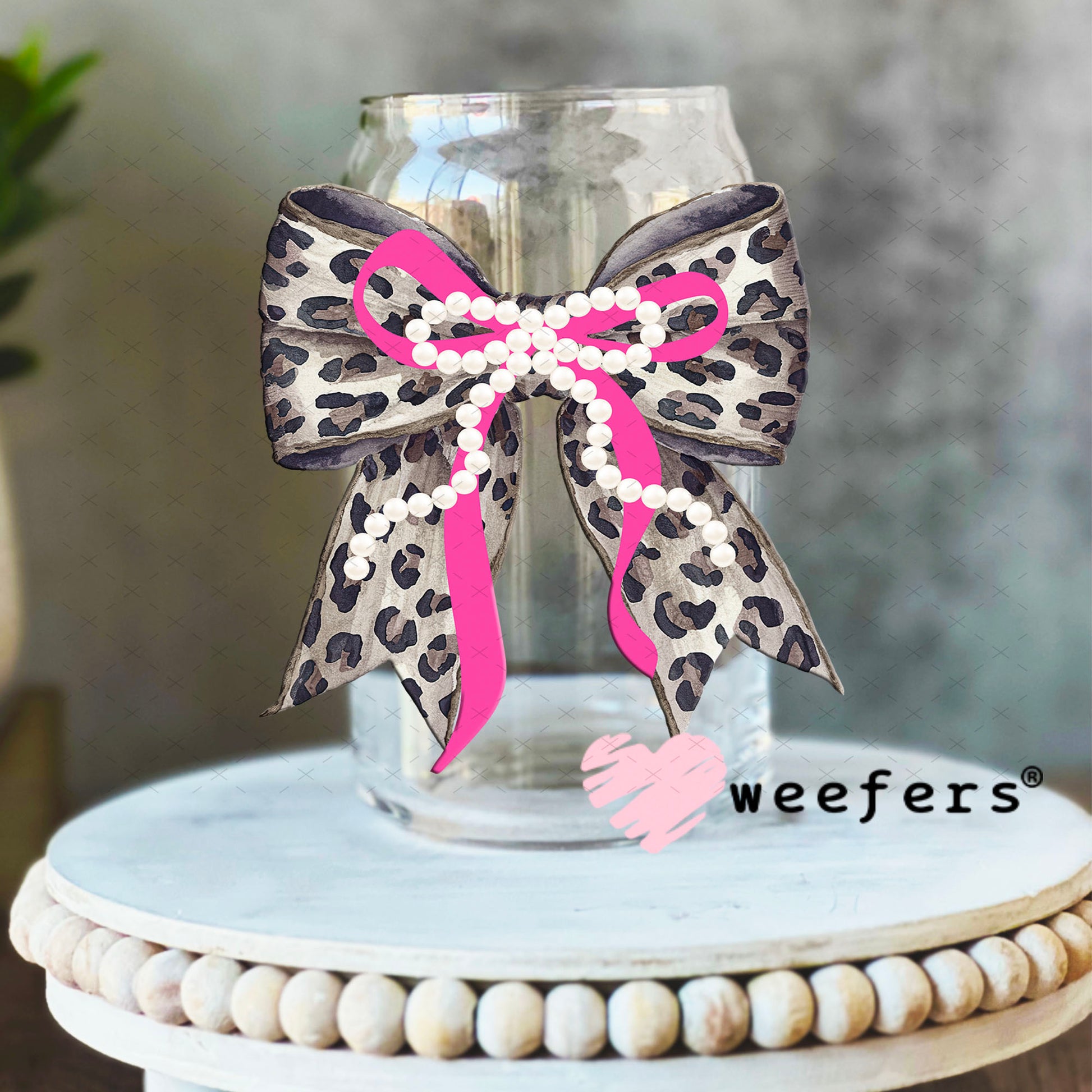 UV DTF Decal - Black Pink Pearl Leopard Bow 16oz Libbey Glass Original Size Weefers