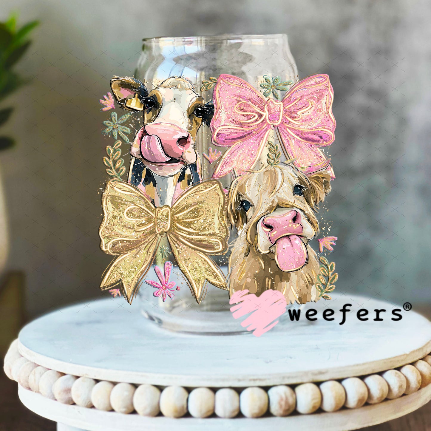UV DTF Decal - Cows and Bows 16oz Libbey Glass Original Size Weefers