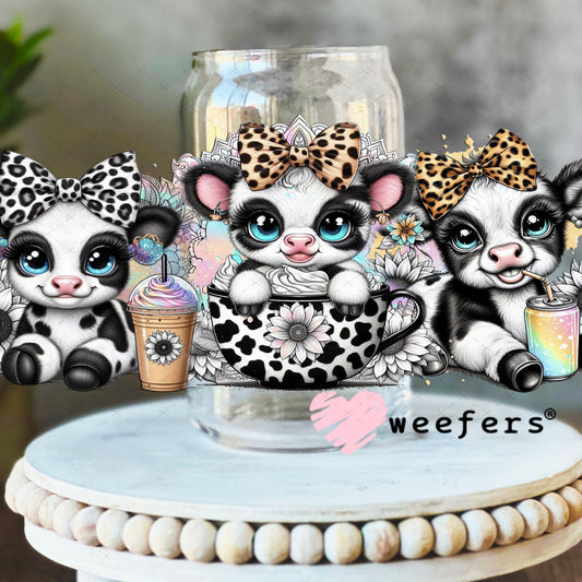 UV DTF Cup Wrap – Baby Black and White Cows in Coffee Cup 16oz Libbey Glass Original Size Weefers