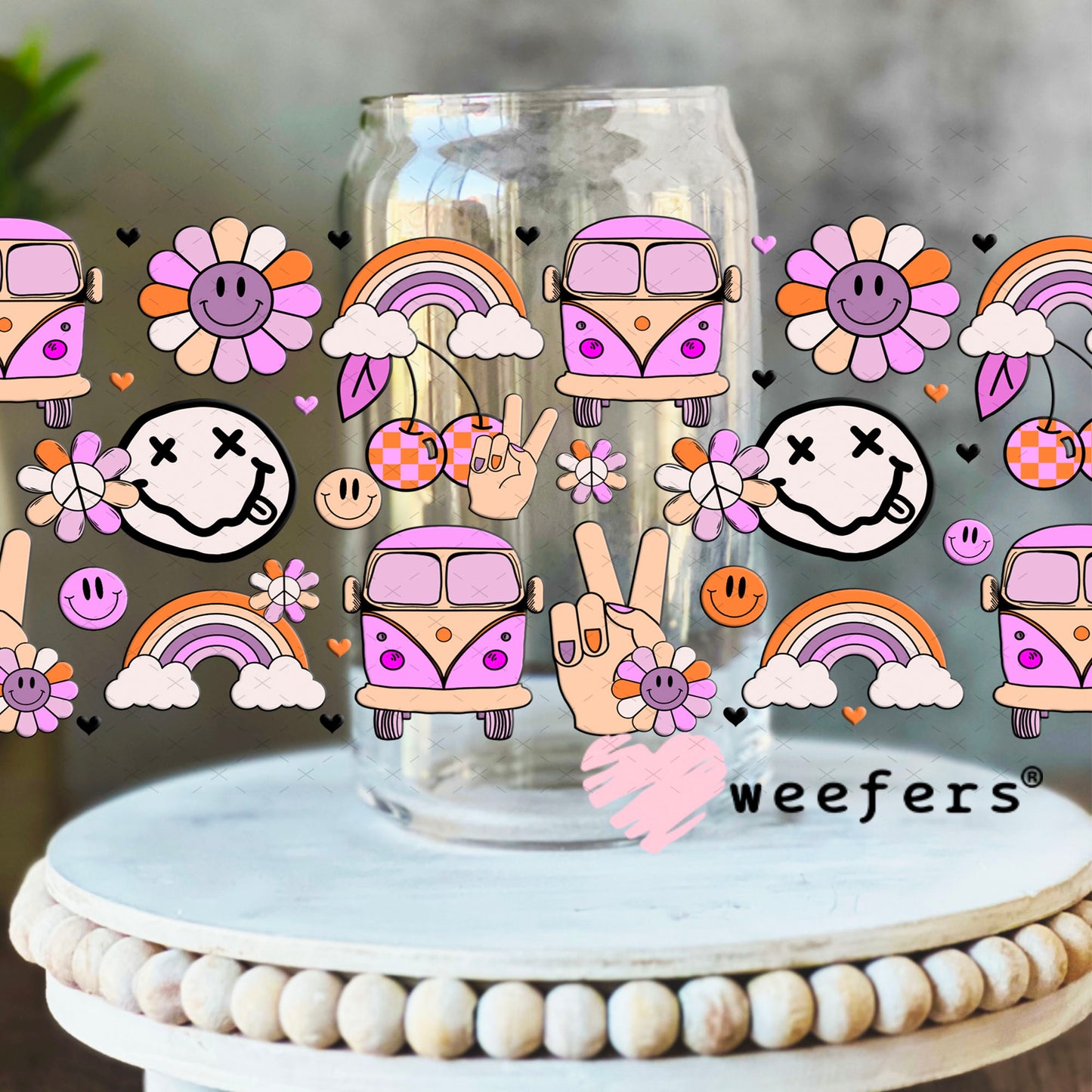 UV DTF Cup Wrap – Retro Bus and Rainbows 16oz Libbey Glass Original Size Weefers