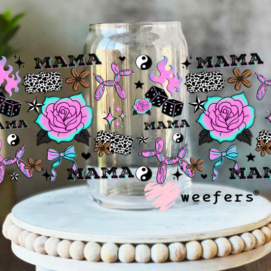UV DTF Cup Wrap – Mama Purple and Teal Roses 16oz Libbey Glass Original Size Weefers