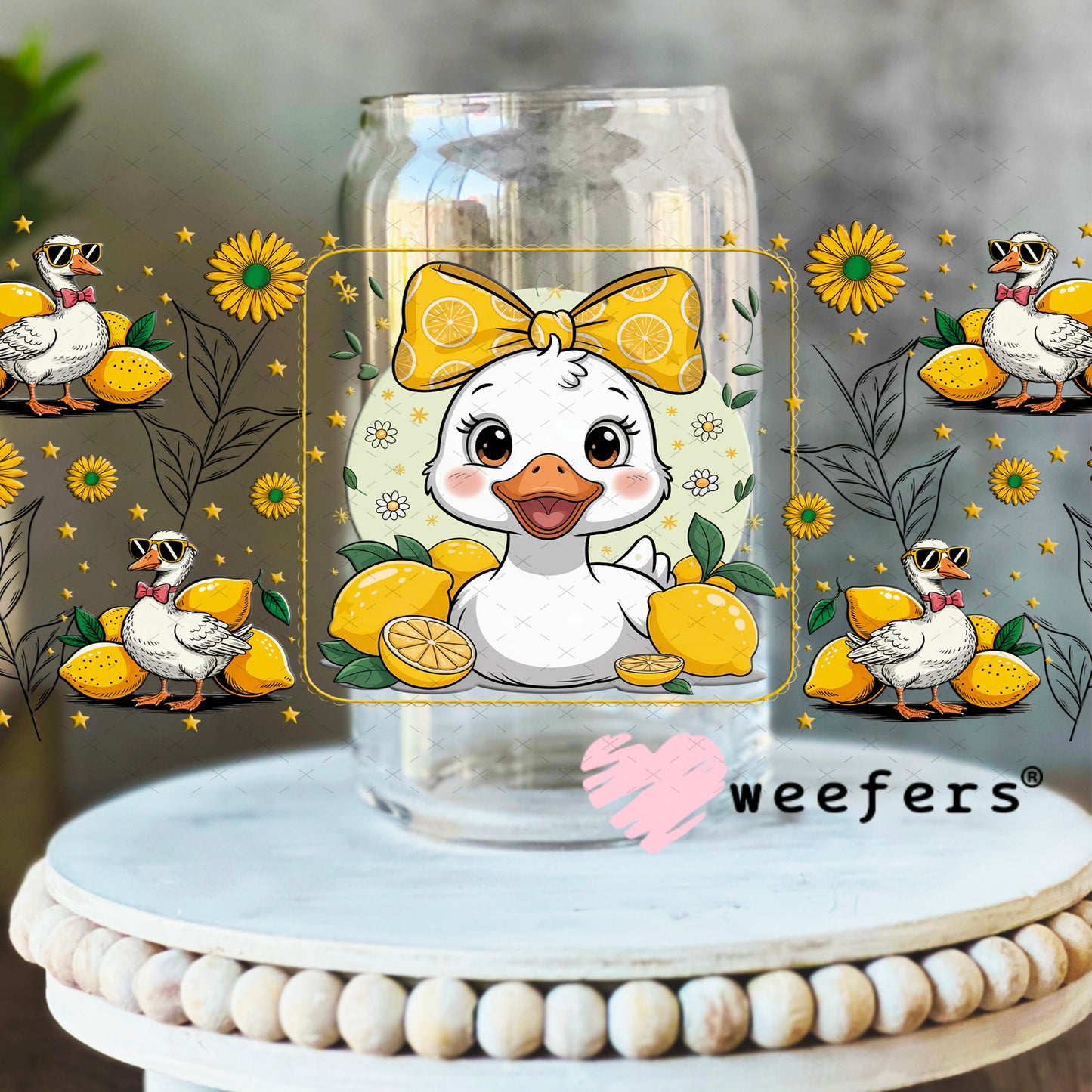 UV DTF Cup Wrap – Yellow Lemons Ducks and Bows 16oz Libbey Glass Original Size Weefers