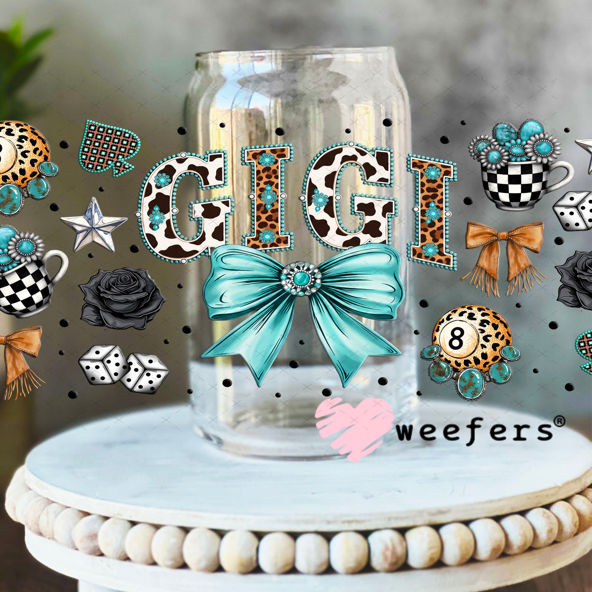 UV DTF Cup Wrap – Gigi Western Teal Bow - Weefers Exclusive 16oz Libbey Glass Original Size Cup Wrap Weefers