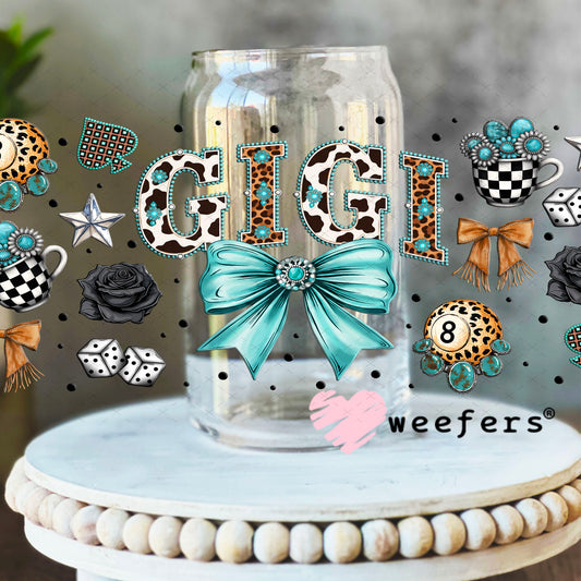 UV DTF Cup Wrap – Gigi Western Teal Bow - Weefers Exclusive 16oz Libbey Glass Original Size Cup Wrap Weefers