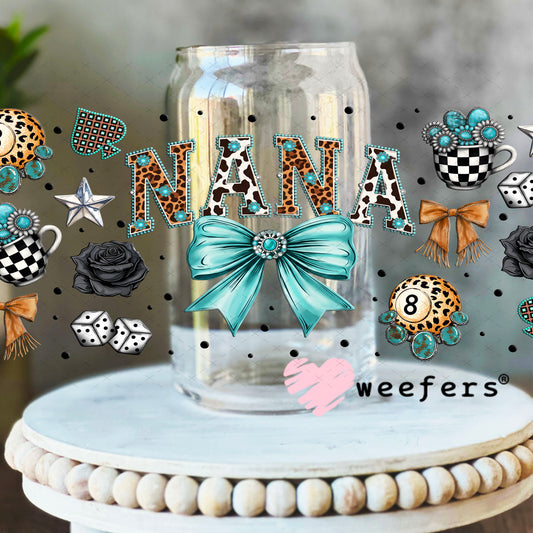 UV DTF Cup Wrap – Nana Western Teal Bow - Weefers Exclusive 16oz Libbey Glass Original Size Weefers