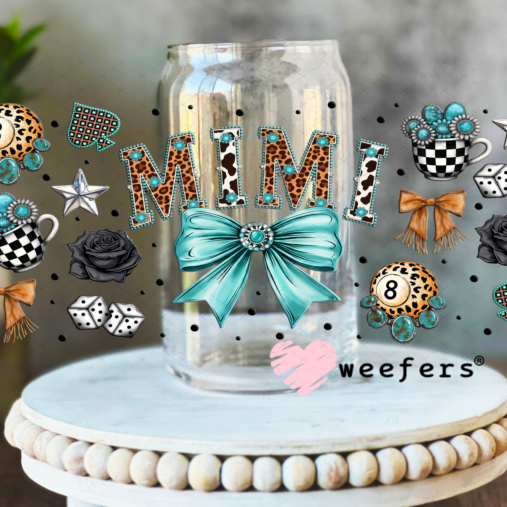 UV DTF Cup Wrap – Mimi Western Teal Bow - Weefers Exclusive 16oz Libbey Glass Original Size Cup Wrap Weefers