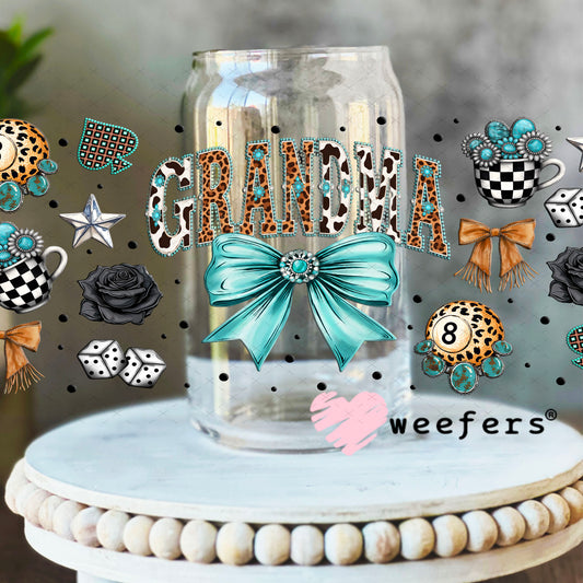 UV DTF Cup Wrap – Grandma Western Teal Bow - Weefers Exclusive 16oz Libbey Glass Original Size Weefers