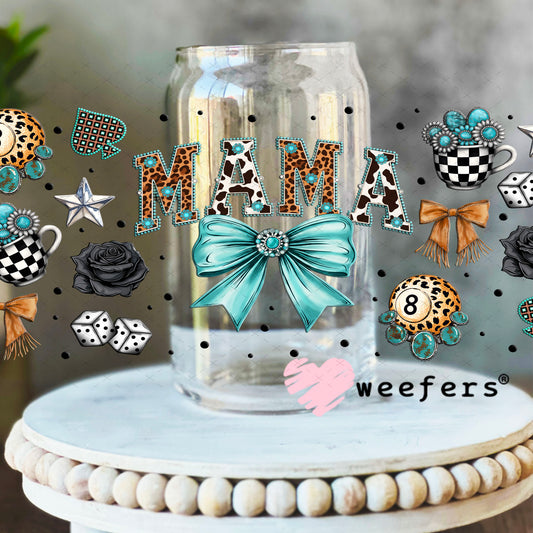UV DTF Cup Wrap – Mama Western Teal Bow - Weefers Exclusive 16oz Libbey Glass Original Size Weefers