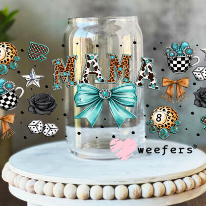 UV DTF Cup Wrap – Mama Western Teal Bow - Weefers Exclusive 16oz Libbey Glass Original Size Cup Wrap Weefers