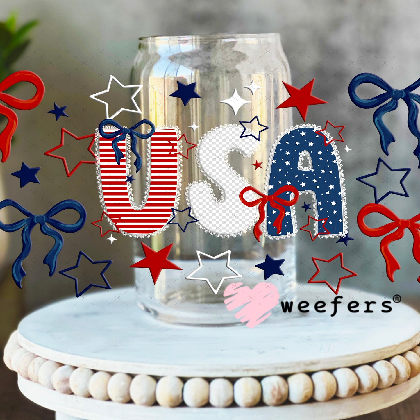 UV DTF Cup Wrap – USA Red White Blue Bows 16oz Libbey Glass Original Size Weefers