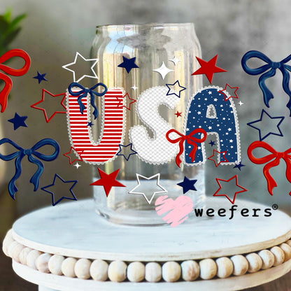 UV DTF Cup Wrap – USA Red White Blue Bows 16oz Libbey Glass Original Size Weefers