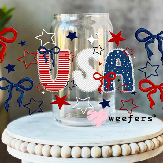 UV DTF Cup Wrap – USA Red White Blue Bows 16oz Libbey Glass Original Size Weefers