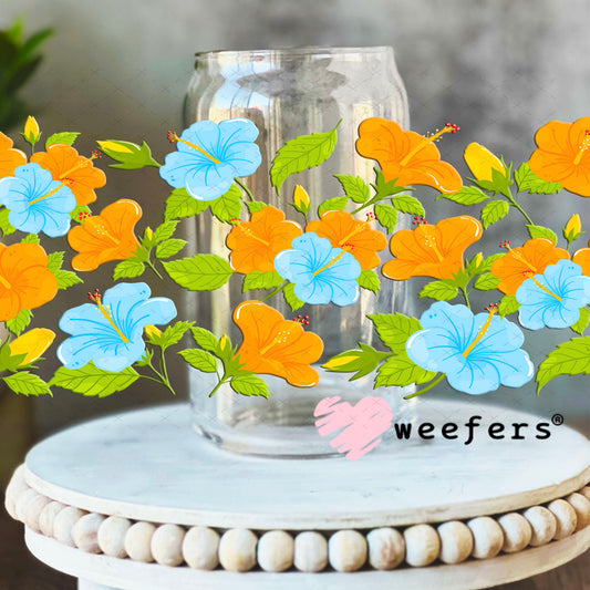 UV DTF Cup Wraps - Orange and Blue Hisbiscus 16oz Libbey Glass Original Size Weefers