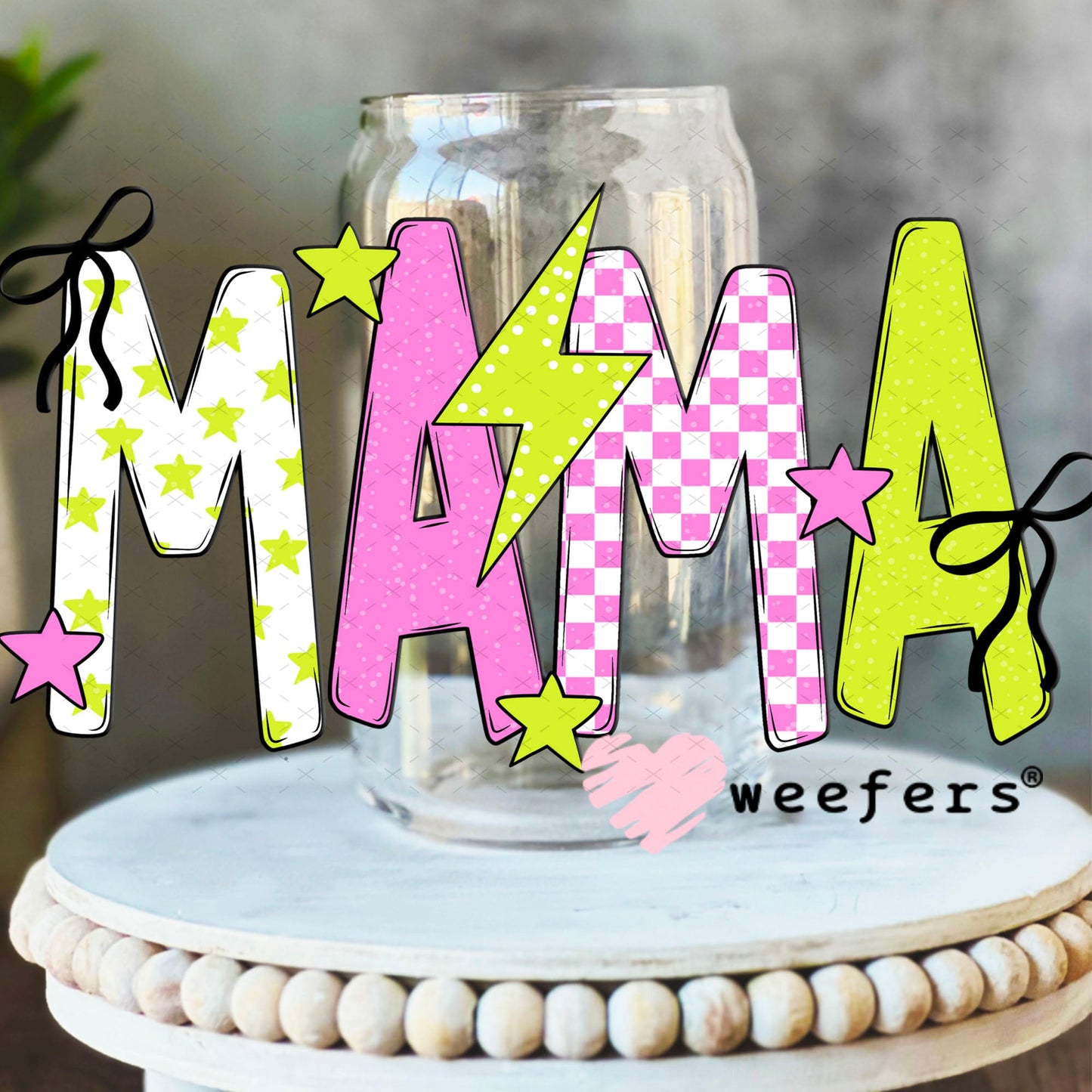 UV DTF Decal - Mama Pink Green Checkered 16oz Libbey Glass Original Size Weefers