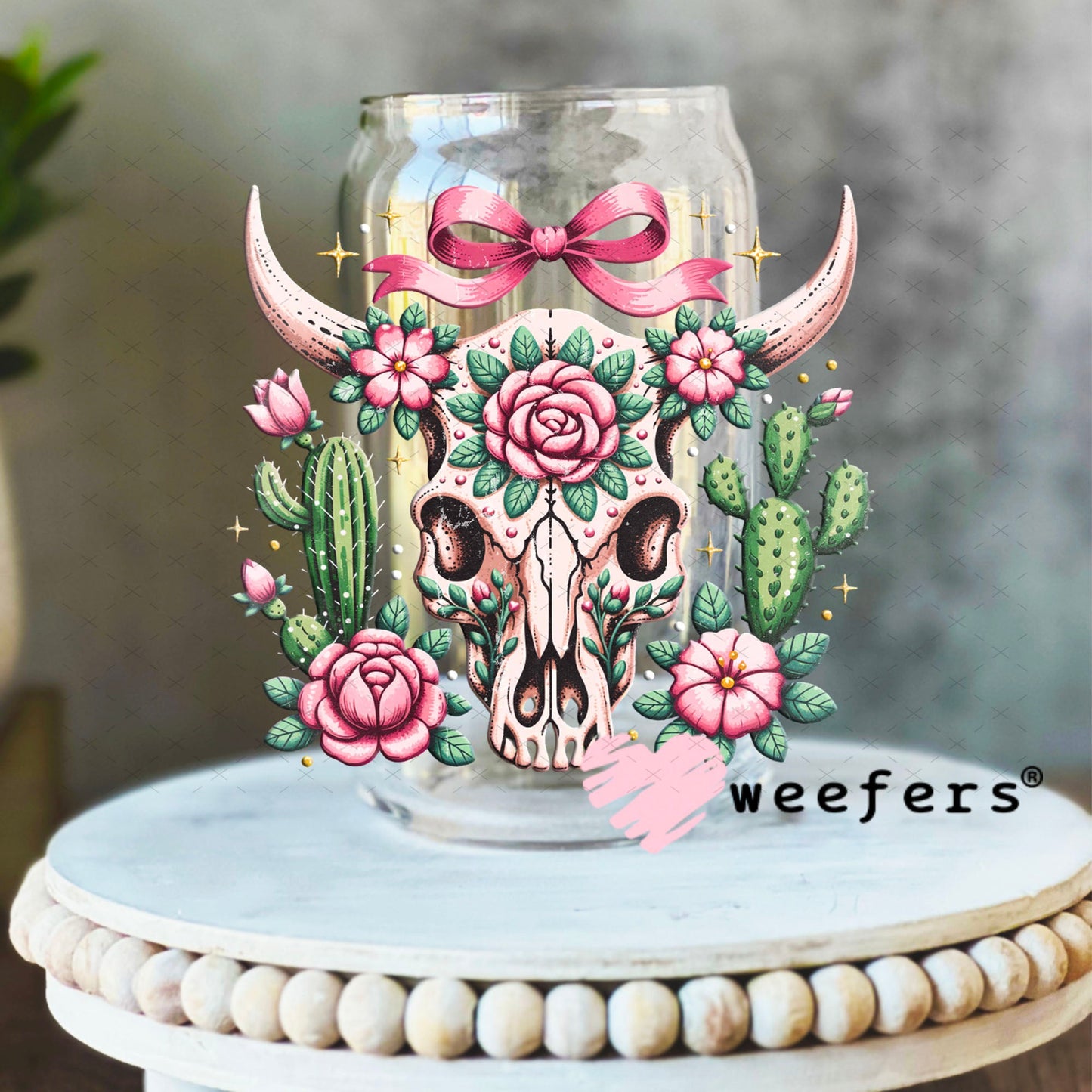 UV DTF Decal - Teal Cow Skull 16oz Libbey Glass Original Size Weefers