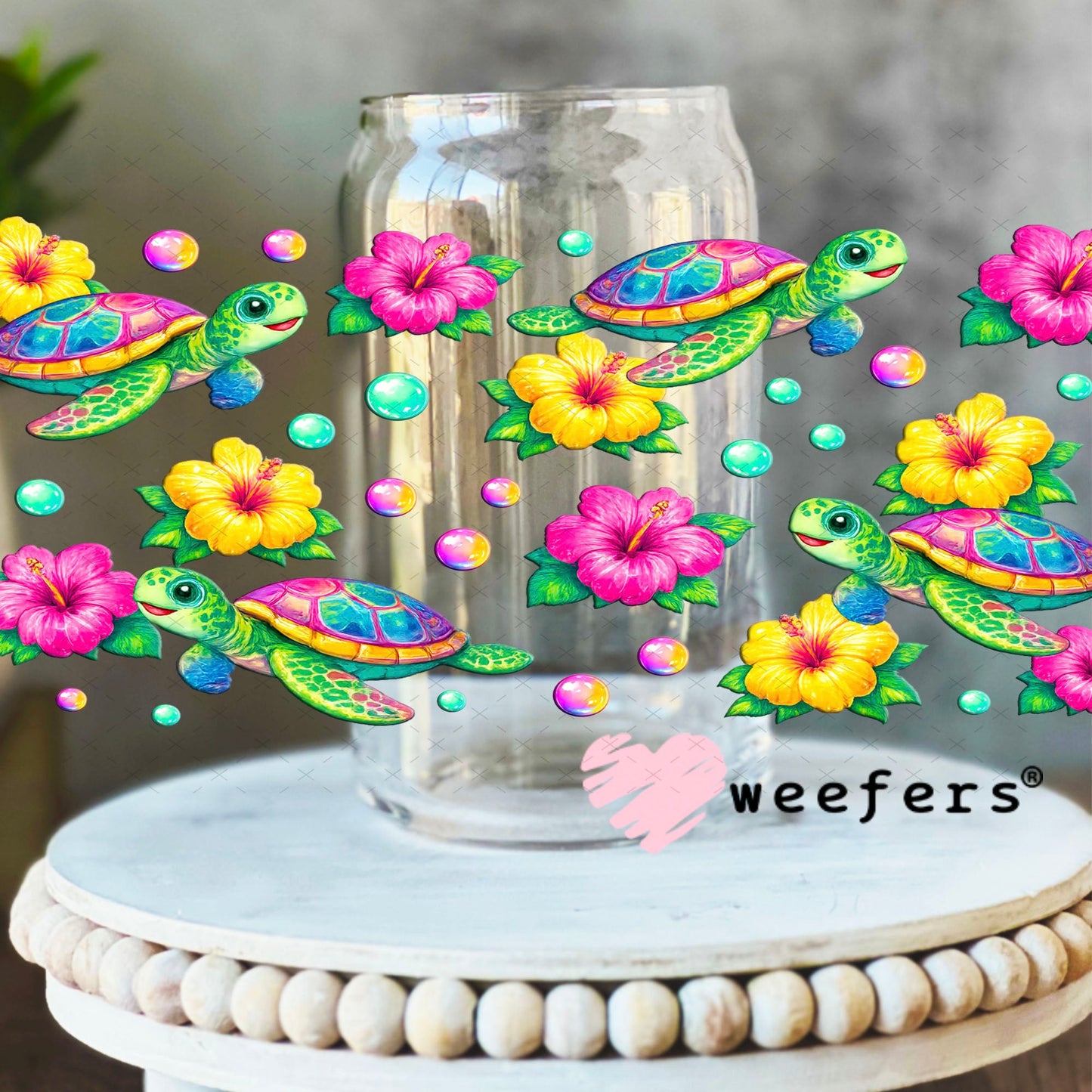 UV DTF Cup Wraps - Colorful Turtles 16oz Libbey Glass Original Size Weefers