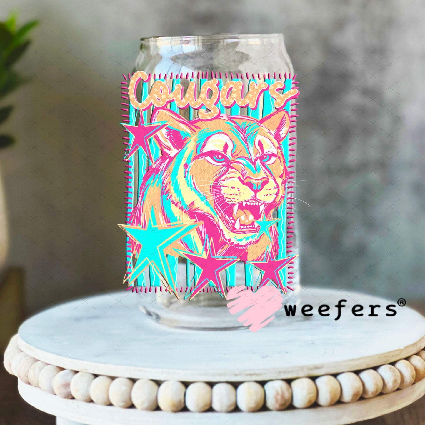 UV DTF Decal - Cougars Colorful Mascot 16oz Libbey Glass Original Size Weefers