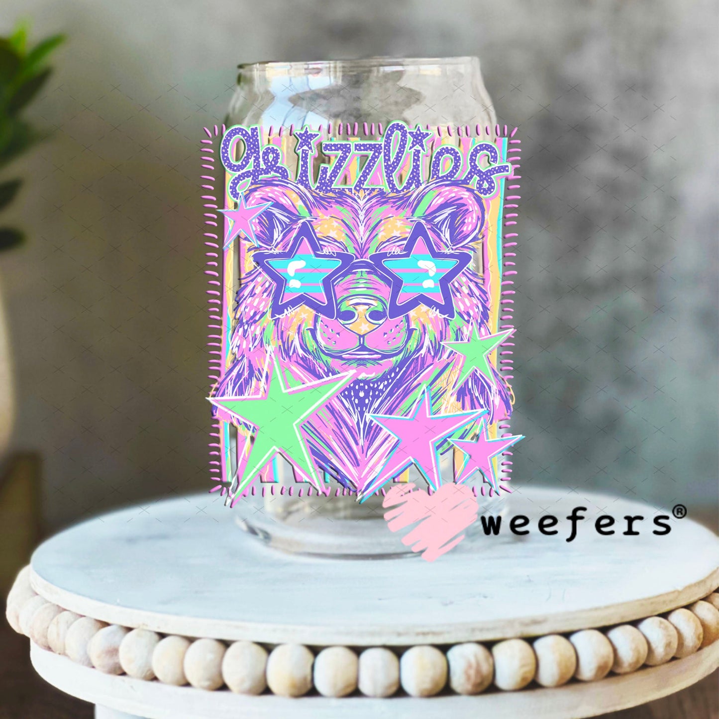 UV DTF Decal - Grizzlies Colorful Mascot 16oz Libbey Glass Original Size Weefers