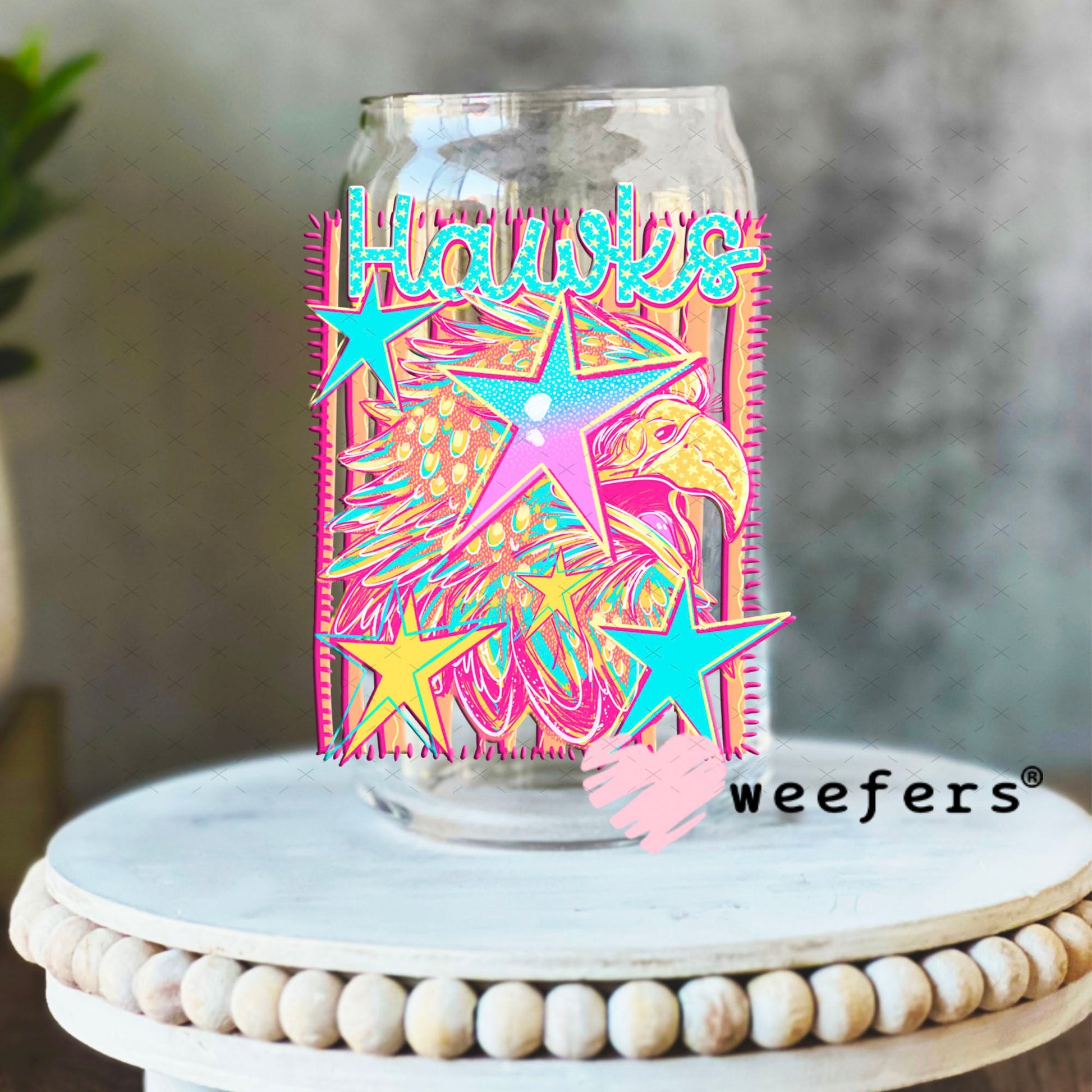 UV DTF Decal - Hawks Colorful Mascot 16oz Libbey Glass Original Size Weefers