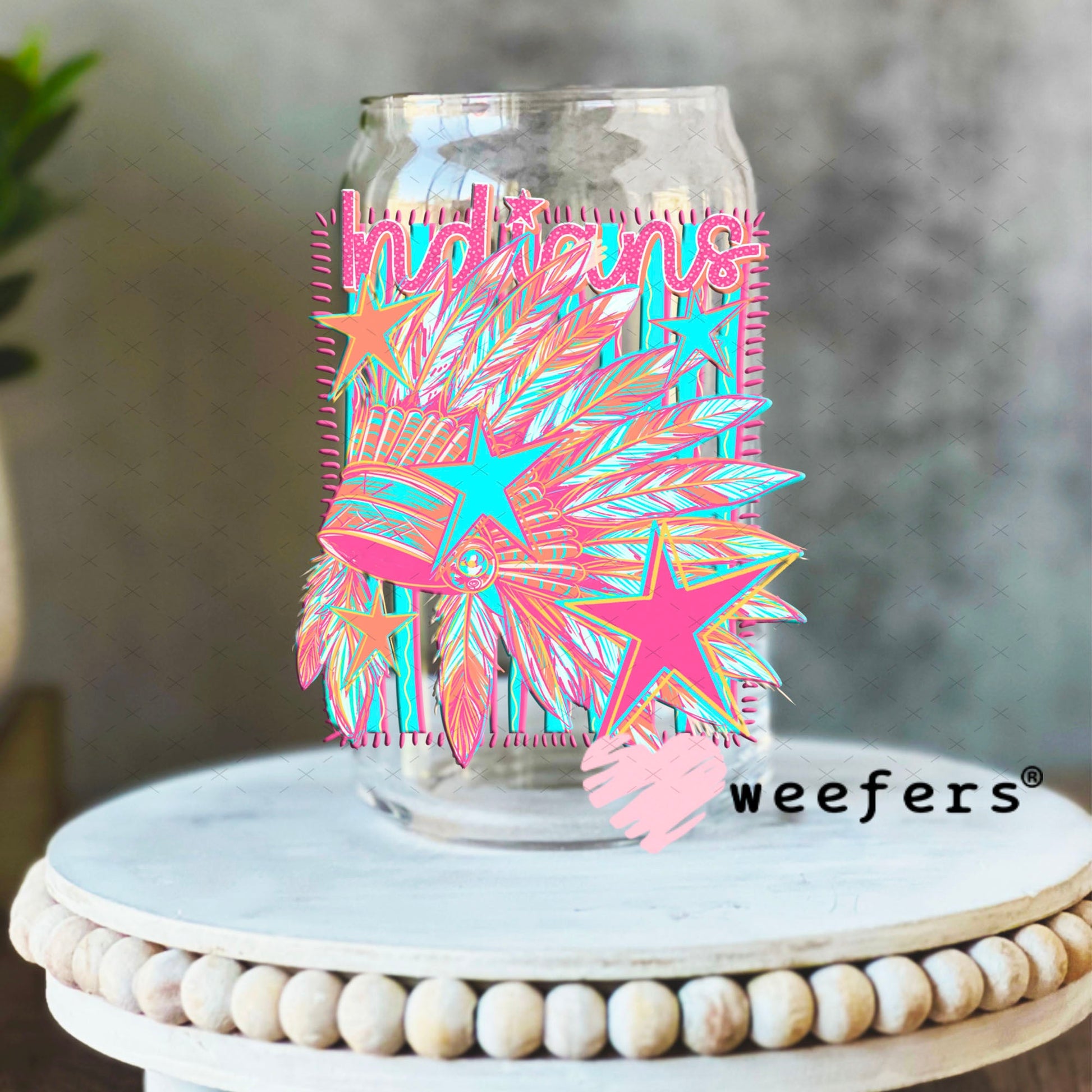 UV DTF Decal - Indians Colorful Mascot 16oz Libbey Glass Original Size Weefers