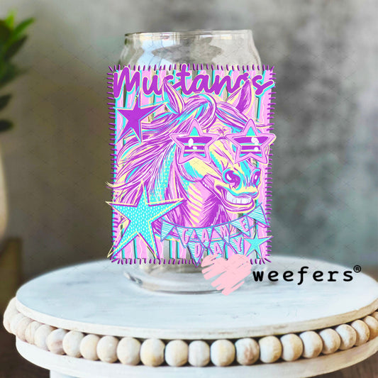 UV DTF Decal - Mustangs Game Day Colorful Mascot 16oz Libbey Glass Original Size Weefers