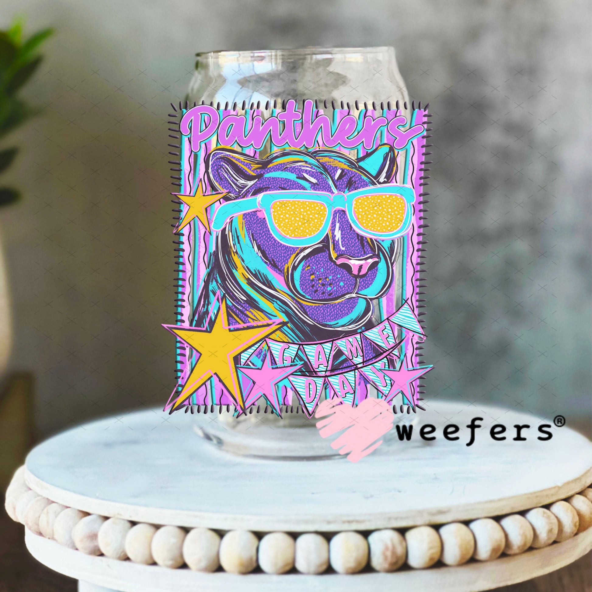 UV DTF Decal - Panthers Game Day Colorful Mascot 16oz Libbey Glass Original Size Weefers
