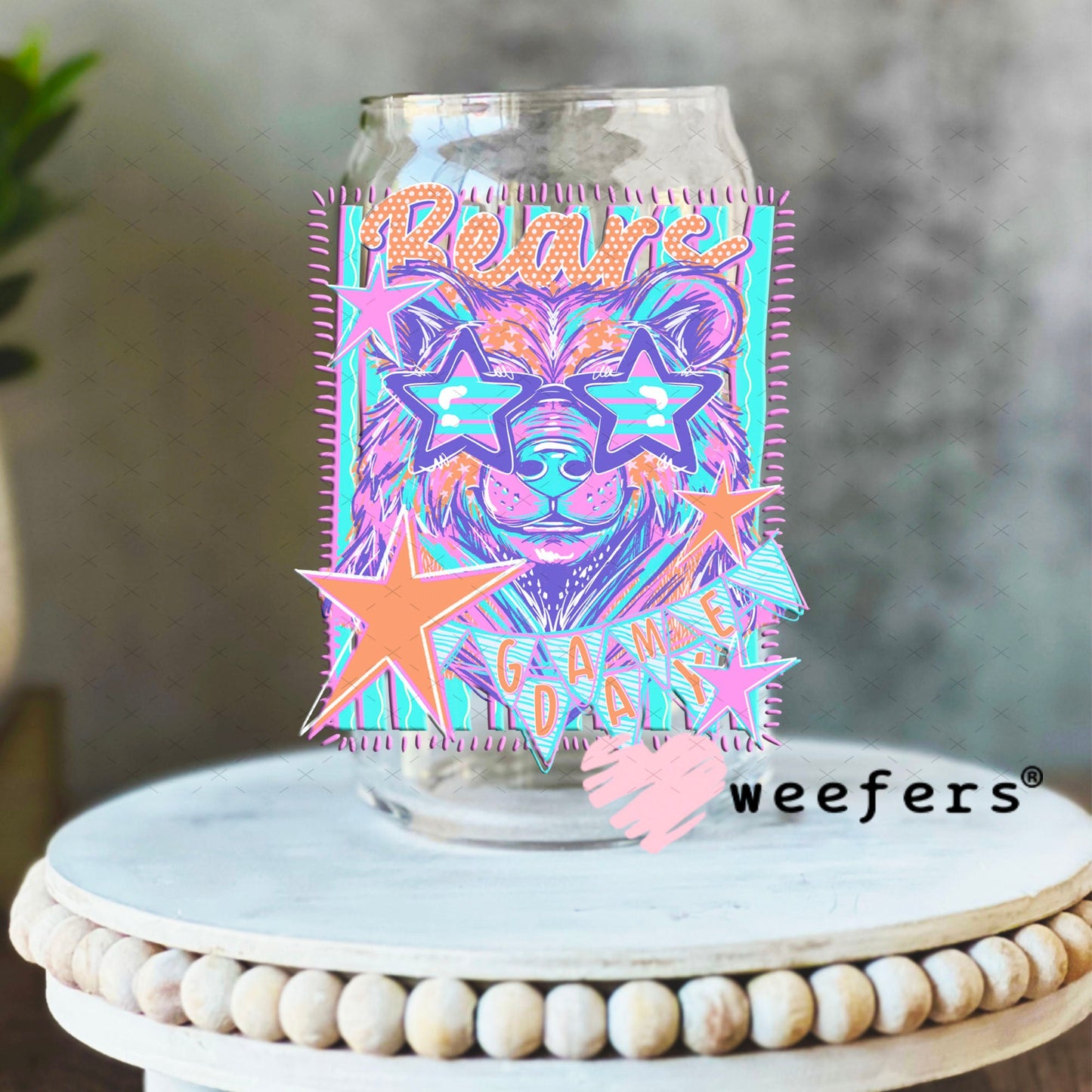 UV DTF Decal - Bears Game Day Colorful Mascot 16oz Libbey Glass Original Size Weefers