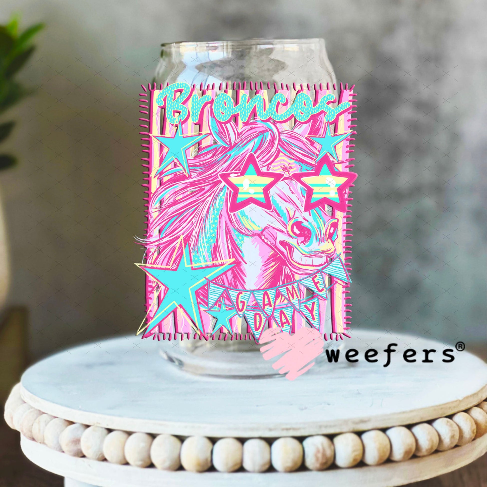 UV DTF Decal - Broncos Game Day Colorful Mascot 16oz Libbey Glass Original Size Weefers