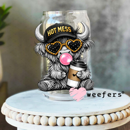 UV DTF Decal - Hot Mess Coffee Highland Cow 16oz Libbey Glass Original Size Weefers
