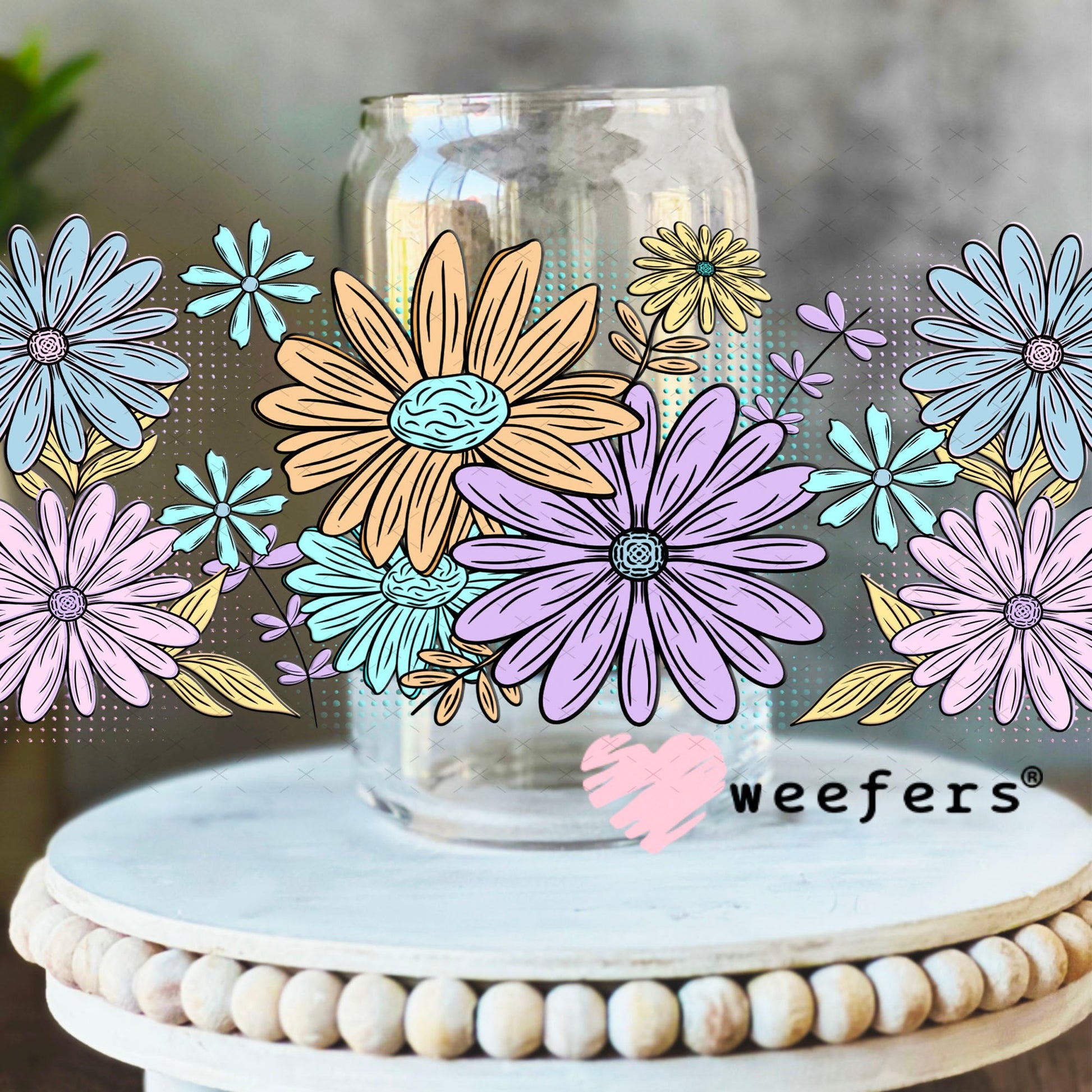 UV DTF Cup Wraps - Purple Blue Daisies 16oz Libbey Glass Original Size Weefers