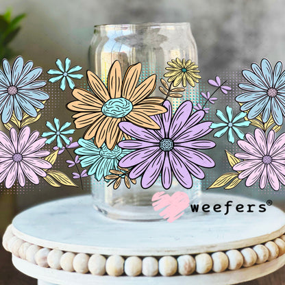UV DTF Cup Wraps - Purple Blue Daisies 16oz Libbey Glass Original Size Weefers