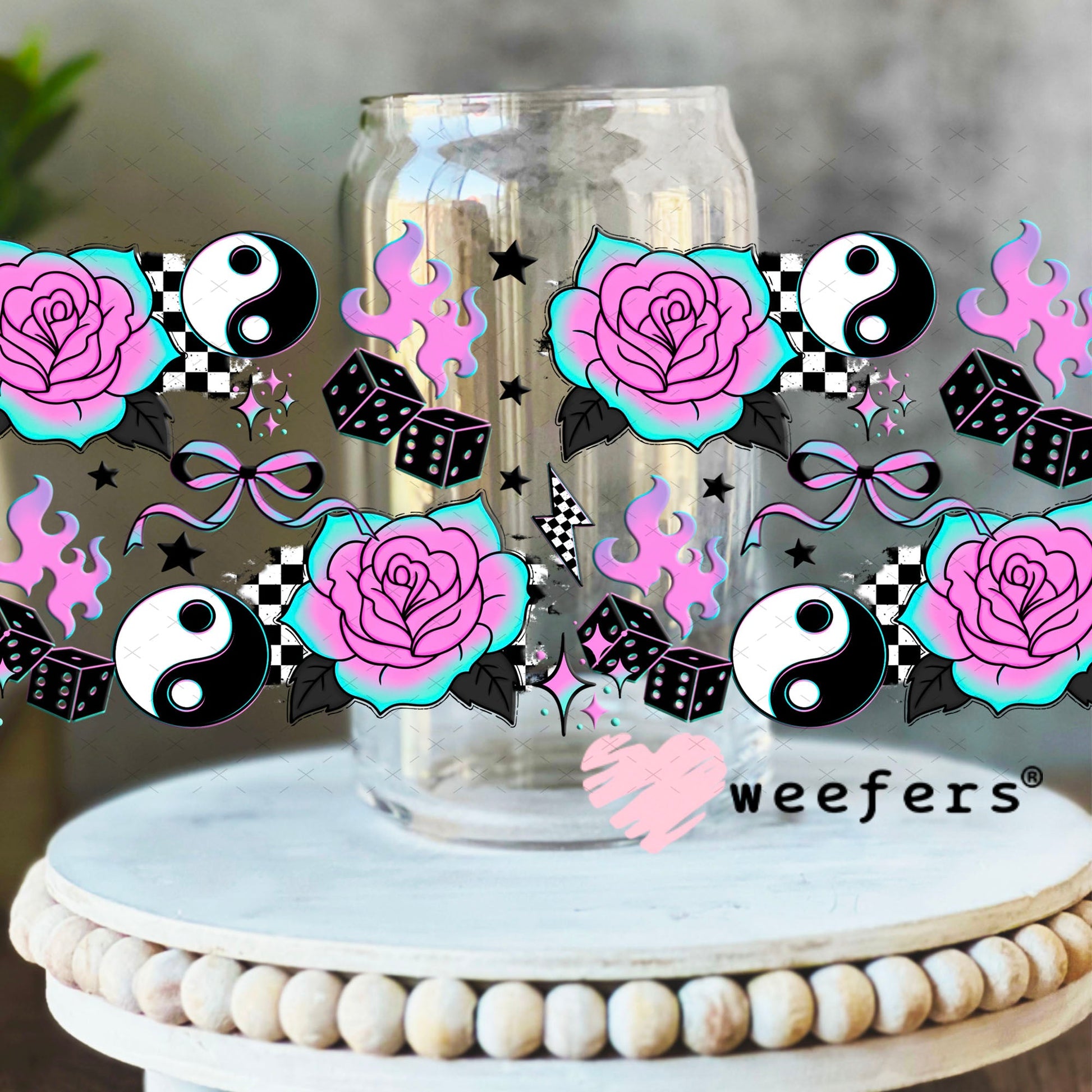 UV DTF Cup Wraps - Ying Yang Purple Teal Roses 16oz Libbey Glass Original Size Weefers