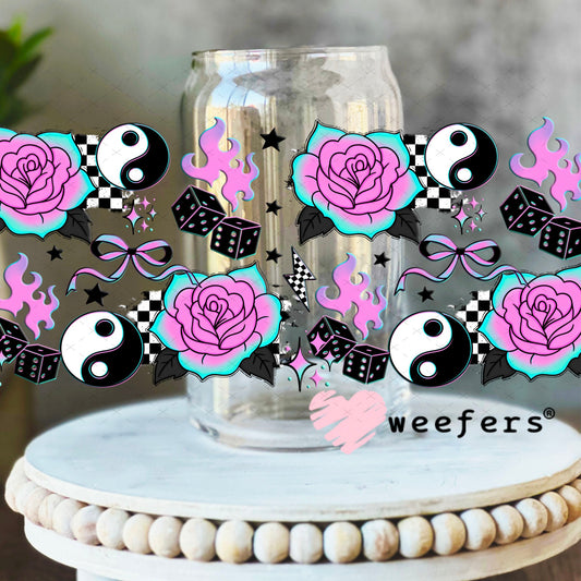 UV DTF Cup Wraps - Ying Yang Purple Teal Roses 16oz Libbey Glass Original Size Weefers