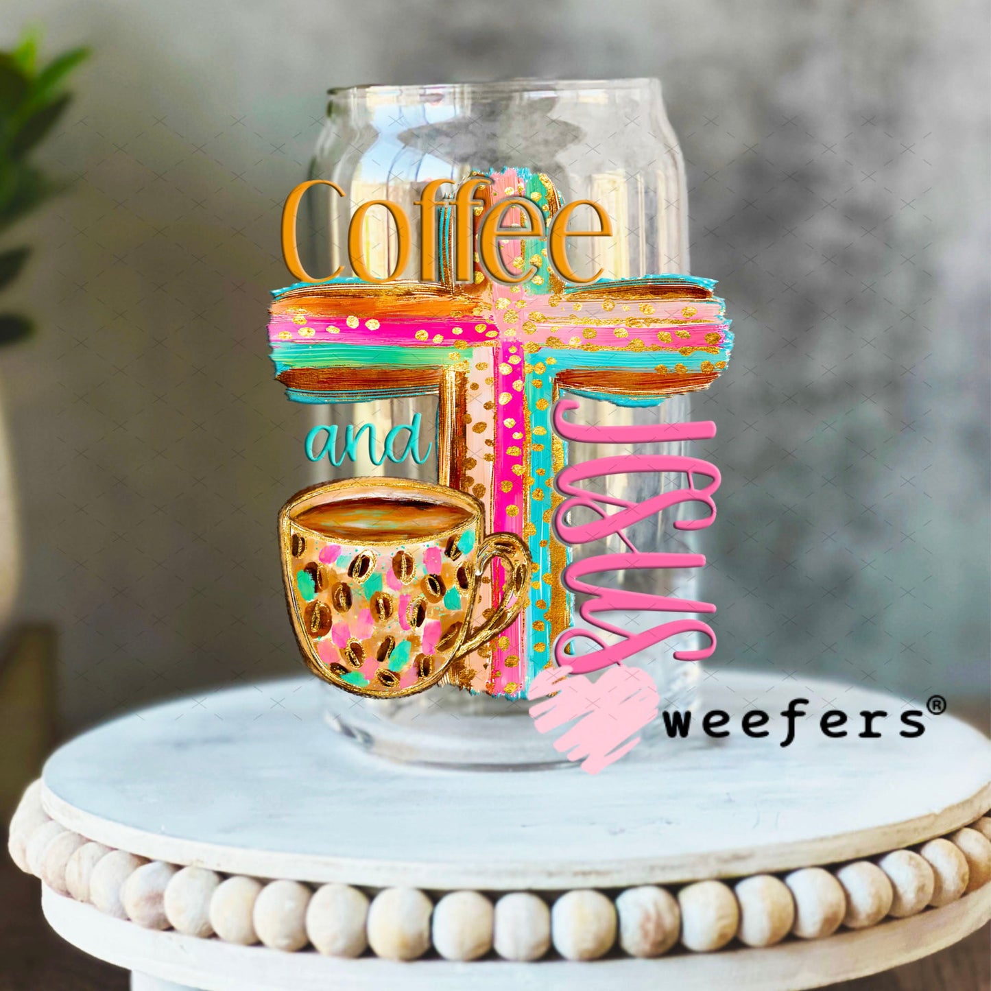 UV DTF Decal - Coffee and Jesus 16oz Libbey Glass Original Size Weefers